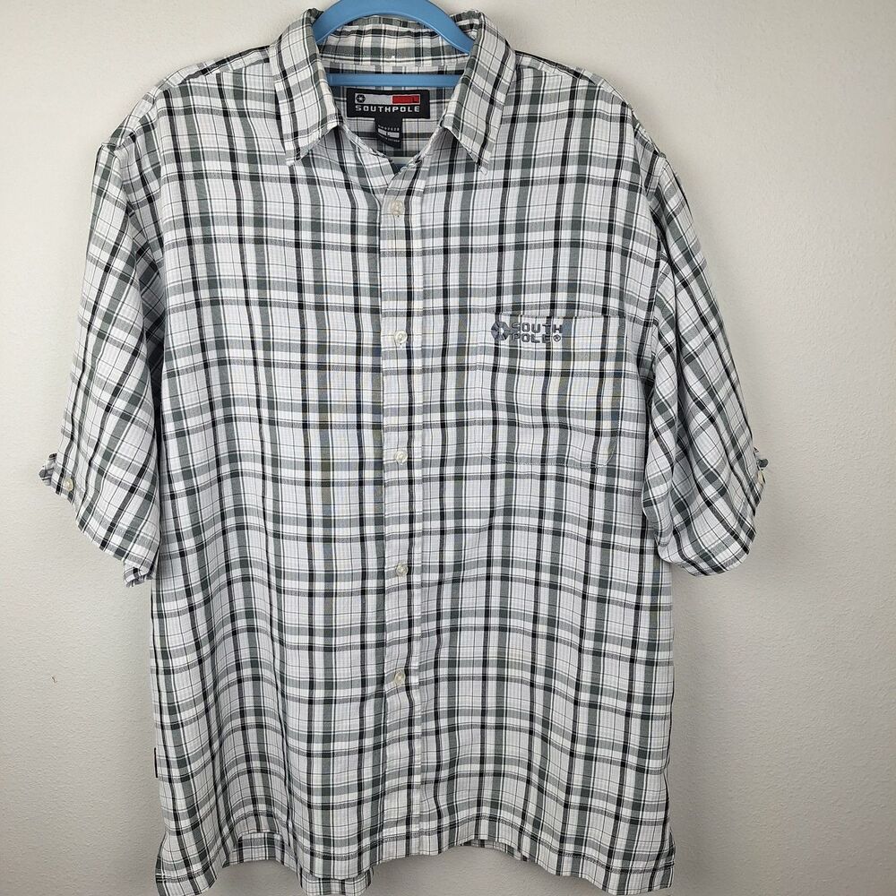 Y2K Vintage Southpole Mens Button Up Gray/Black Plaid S/S Shirt Size Large